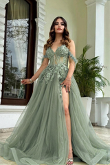Green Off Shoulder Sweetheart Sleeveless Tulle Floral A-Line Formal Evening Dress