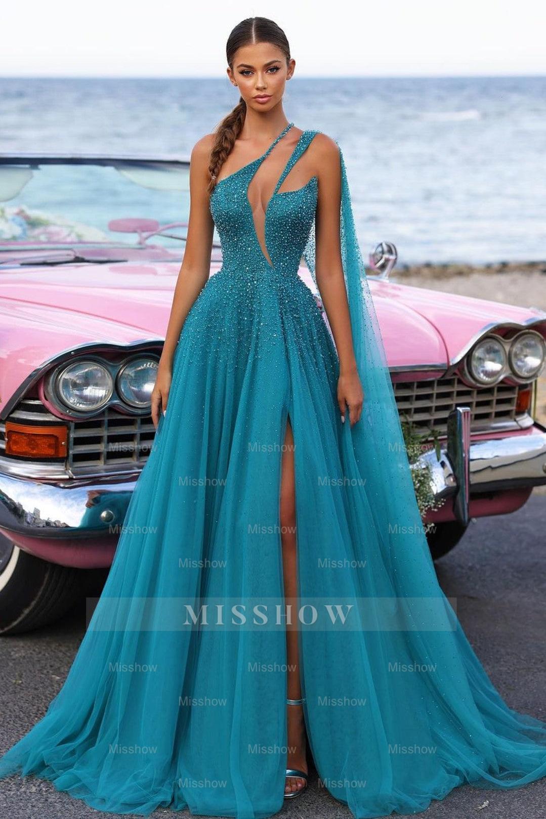 Green One Shoulder Sleeveless Beaded Sequined A-line High Slit Floor Formal Evening Gown