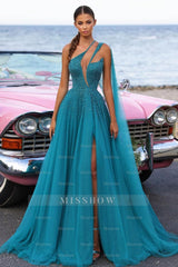 Green One Shoulder Sleeveless Beaded Sequined A-line High Slit Floor Formal Evening Gown