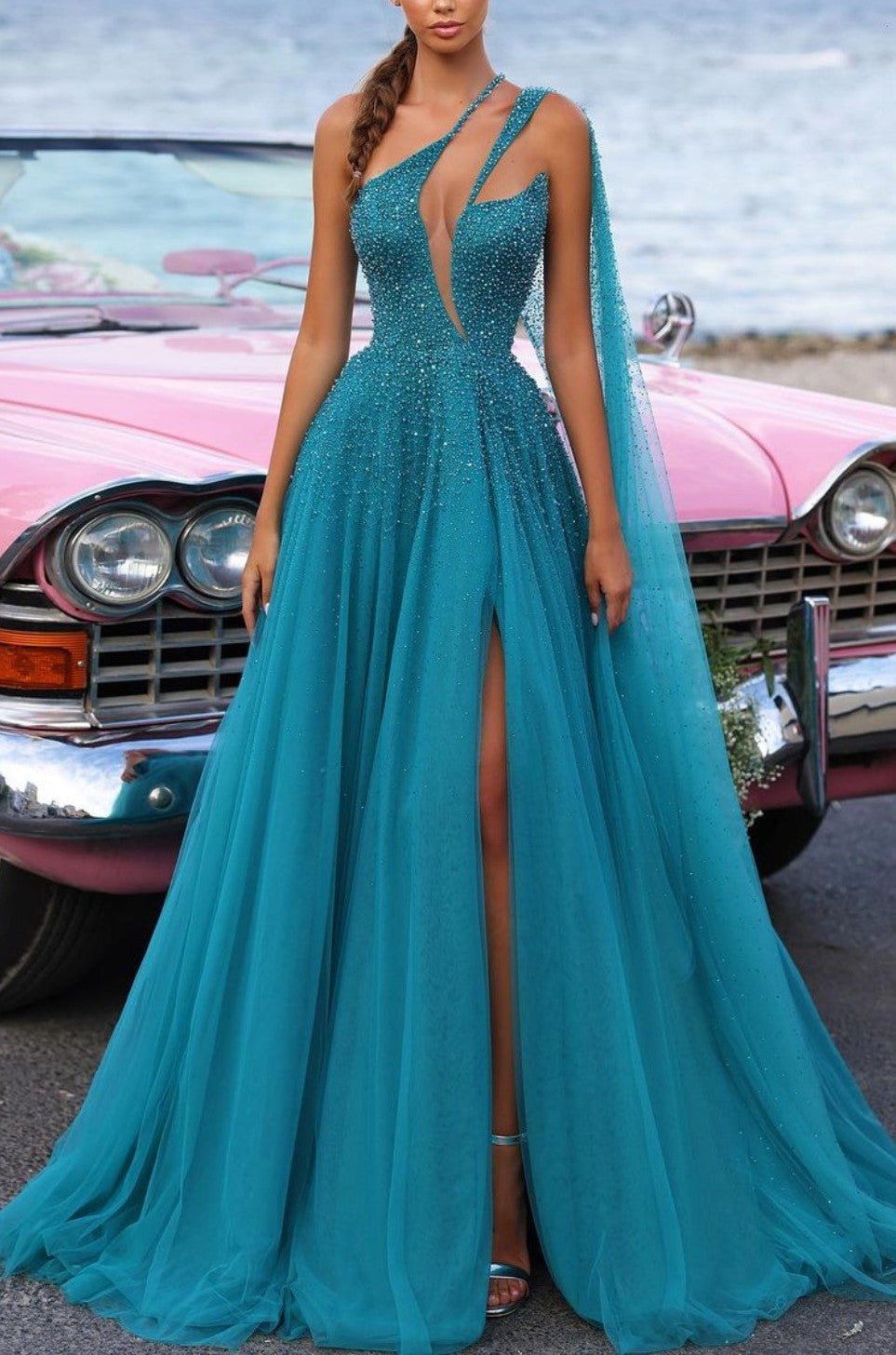Green One Shoulder Sleeveless Beaded Sequined A-line High Slit Floor Formal Evening Gown
