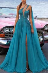 Green One Shoulder Sleeveless Beaded Sequined A-line High Slit Floor Formal Evening Gown