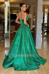 Green One Shoulder Sleeveless Satin Bow Ruched Ball Gown Floor Length Formal Evening Gown
