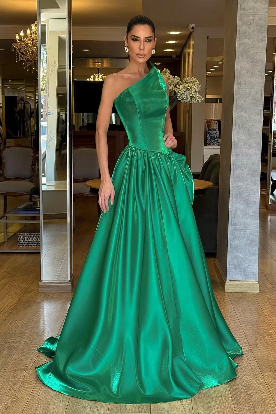 Green One Shoulder Sleeveless Satin Bow Ruched Ball Gown Floor Length Formal Evening Gown