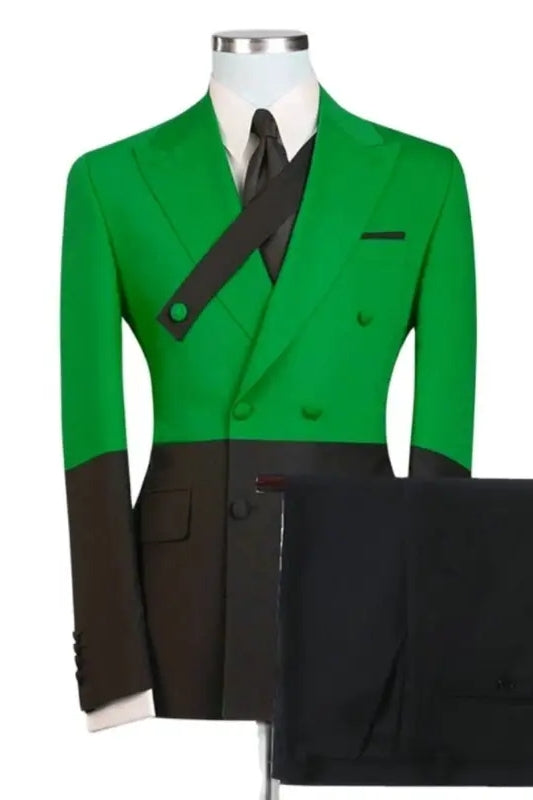 Green Peaked Lapel Double Breasted Close-Fit Prom Outfit