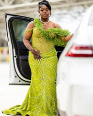 Green Plus Size Mermaid Prom Dress Strapless Sweetheart Sheer Illusion Corset One Shoulder 3D Green Leaf Applique Green Bugle Bead Fringe Tassel Silver Radial Scroll Vine Beading 3D Micro Floral Rhinestone Sweep Train Gown