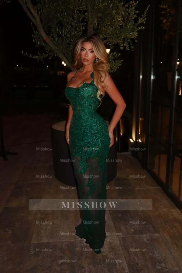Green Rhinestone Halter Sleeveless Mermaid Lace Applique Floor Length Formal Evening Dress