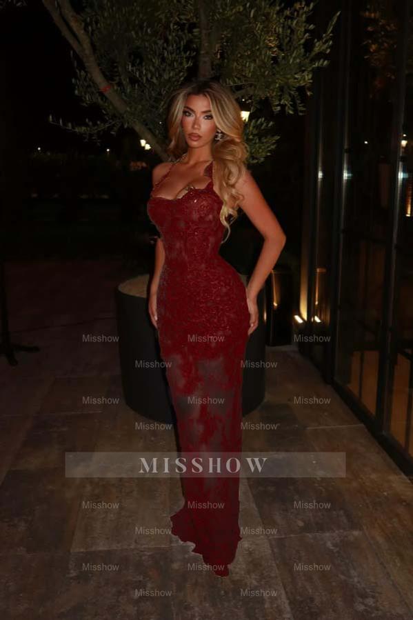 Green Rhinestone Halter Sleeveless Mermaid Lace Applique Floor Length Formal Evening Dress