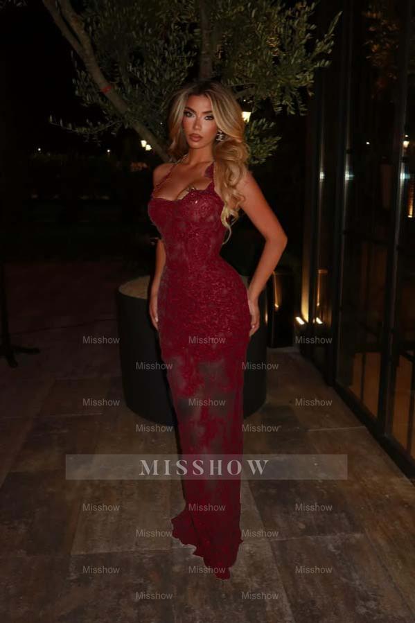Green Rhinestone Halter Sleeveless Mermaid Lace Applique Floor Length Formal Evening Dress