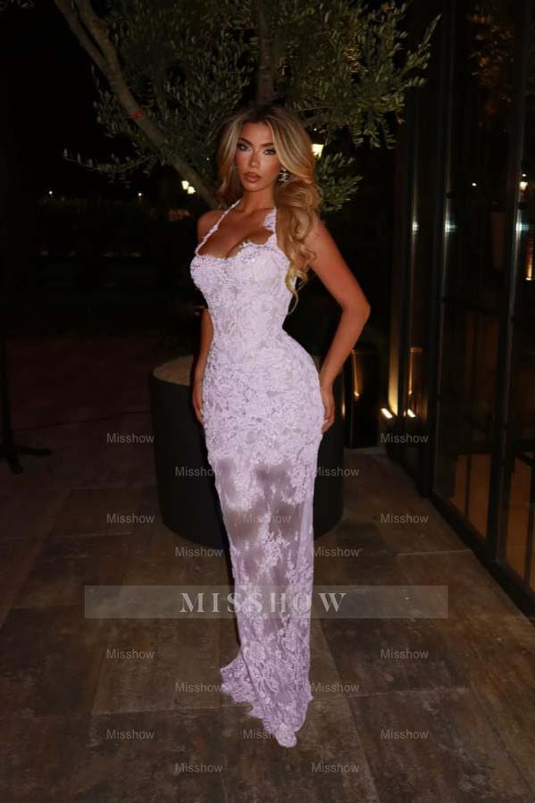 Green Rhinestone Halter Sleeveless Mermaid Lace Applique Floor Length Formal Evening Dress