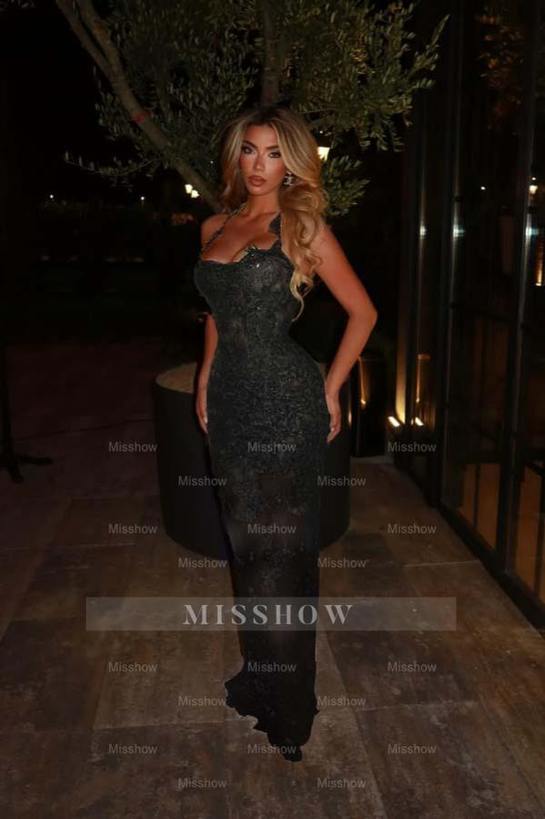 Green Rhinestone Halter Sleeveless Mermaid Lace Applique Floor Length Formal Evening Dress