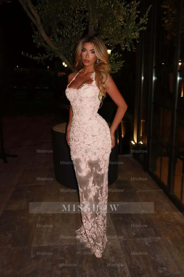 Green Rhinestone Halter Sleeveless Mermaid Lace Applique Floor Length Formal Evening Dress