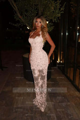 Green Rhinestone Halter Sleeveless Mermaid Lace Applique Floor Length Formal Evening Dress