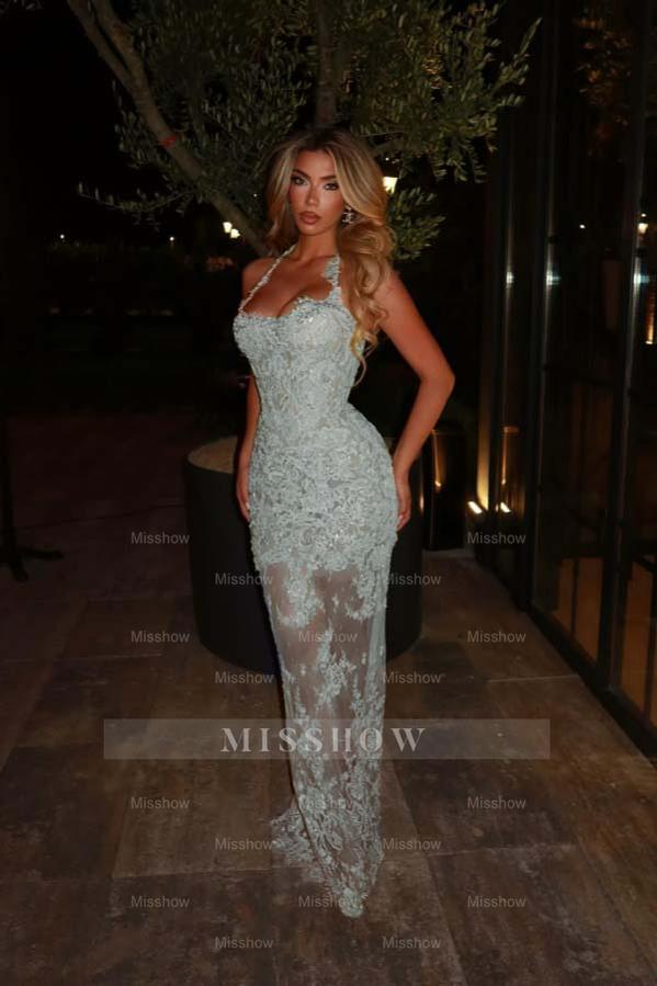 Green Rhinestone Halter Sleeveless Mermaid Lace Applique Floor Length Formal Evening Dress
