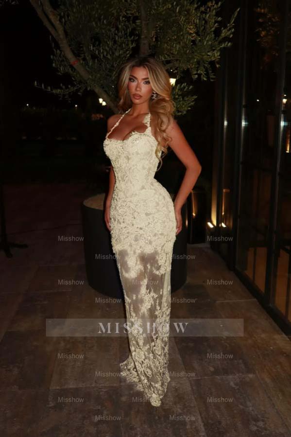 Green Rhinestone Halter Sleeveless Mermaid Lace Applique Floor Length Formal Evening Dress