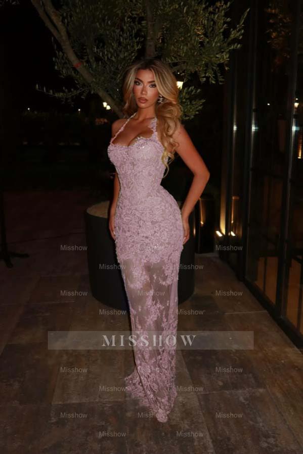 Green Rhinestone Halter Sleeveless Mermaid Lace Applique Floor Length Formal Evening Dress
