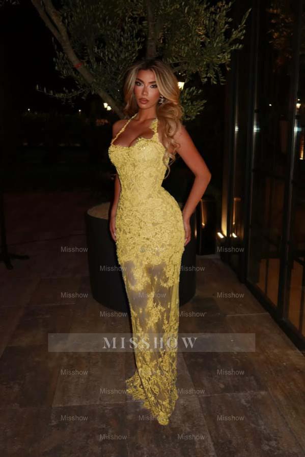 Green Rhinestone Halter Sleeveless Mermaid Lace Applique Floor Length Formal Evening Dress