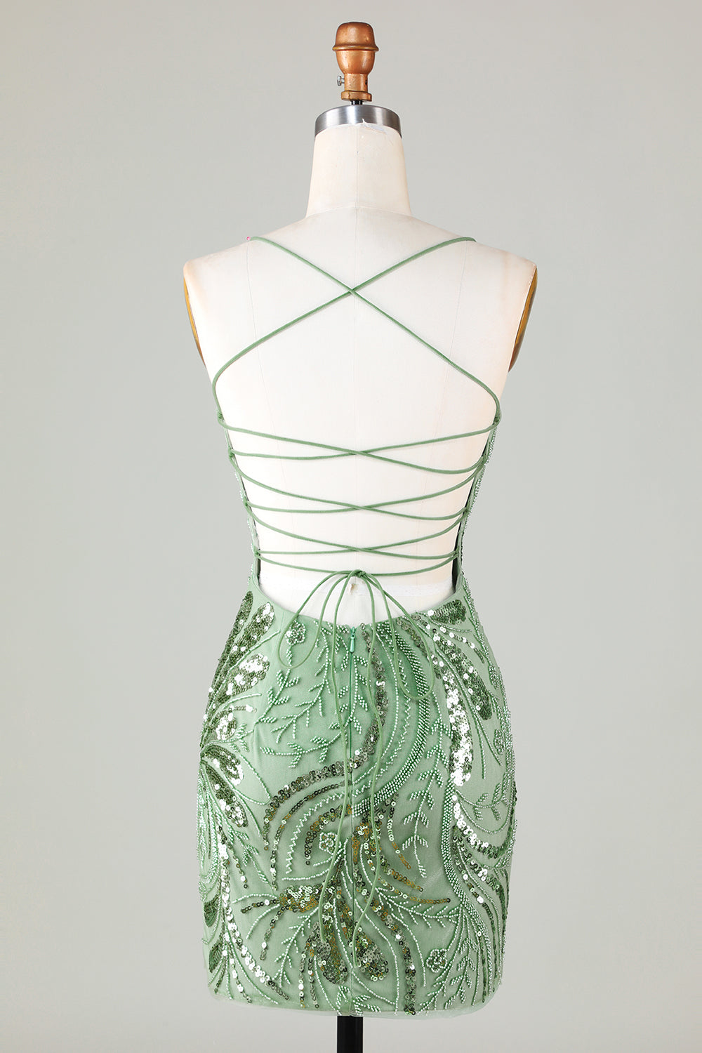 Hot Selling Sheath Spaghetti Straps Green Short Homecoming Dress with Criss Cross Back