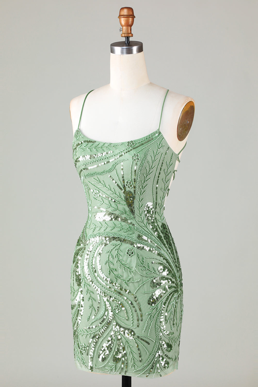 Hot Selling Sheath Spaghetti Straps Green Short Homecoming Dress with Criss Cross Back