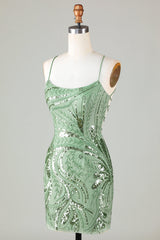 Hot Selling Sheath Spaghetti Straps Green Short Homecoming Dress with Criss Cross Back