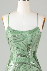 Hot Selling Sheath Spaghetti Straps Green Short Homecoming Dress with Criss Cross Back