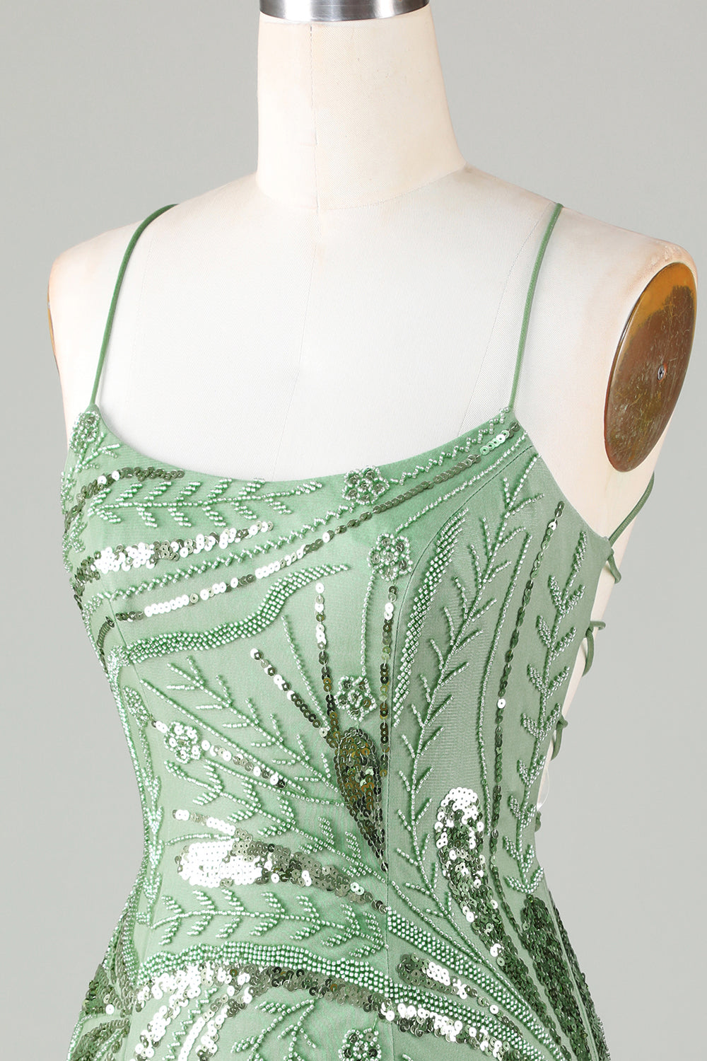 Hot Selling Sheath Spaghetti Straps Green Short Homecoming Dress with Criss Cross Back