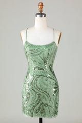 Hot Selling Sheath Spaghetti Straps Green Short Homecoming Dress with Criss Cross Back