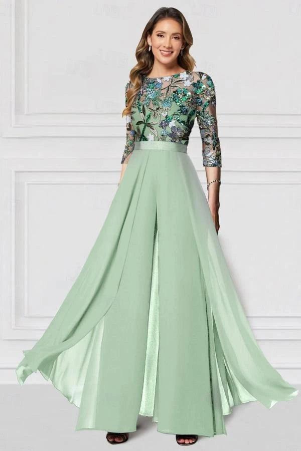 Green Sequin Floral Illusion Bodice Mother of the Bride Dress 3/4 Sleeve A-Line Chiffon Floor Length Formal Gown