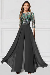 Green Sequin Floral Illusion Bodice Mother of the Bride Dress 3/4 Sleeve A-Line Chiffon Floor Length Formal Gown