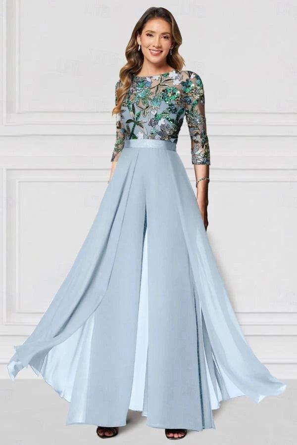 Green Sequin Floral Illusion Bodice Mother of the Bride Dress 3/4 Sleeve A-Line Chiffon Floor Length Formal Gown