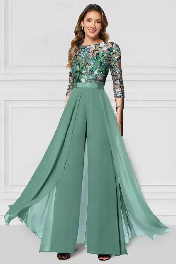 Green Sequin Floral Illusion Bodice Mother of the Bride Dress 3/4 Sleeve A-Line Chiffon Floor Length Formal Gown
