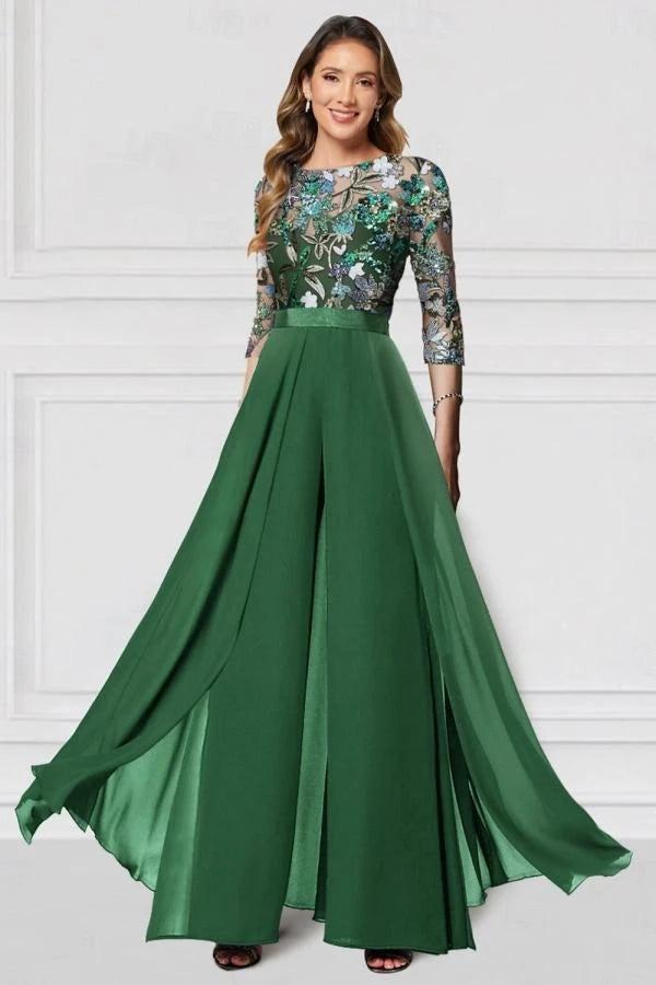 Green Sequin Floral Illusion Bodice Mother of the Bride Dress 3/4 Sleeve A-Line Chiffon Floor Length Formal Gown