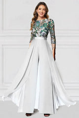 Green Sequin Floral Illusion Bodice Mother of the Bride Dress 3/4 Sleeve A-Line Chiffon Floor Length Formal Gown