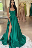 Green Shiny Elastic Satin Front Split Court Train Prom Dress