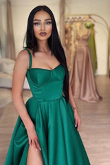 Green Shiny Elastic Satin Front Split Court Train Prom Evening Dresses