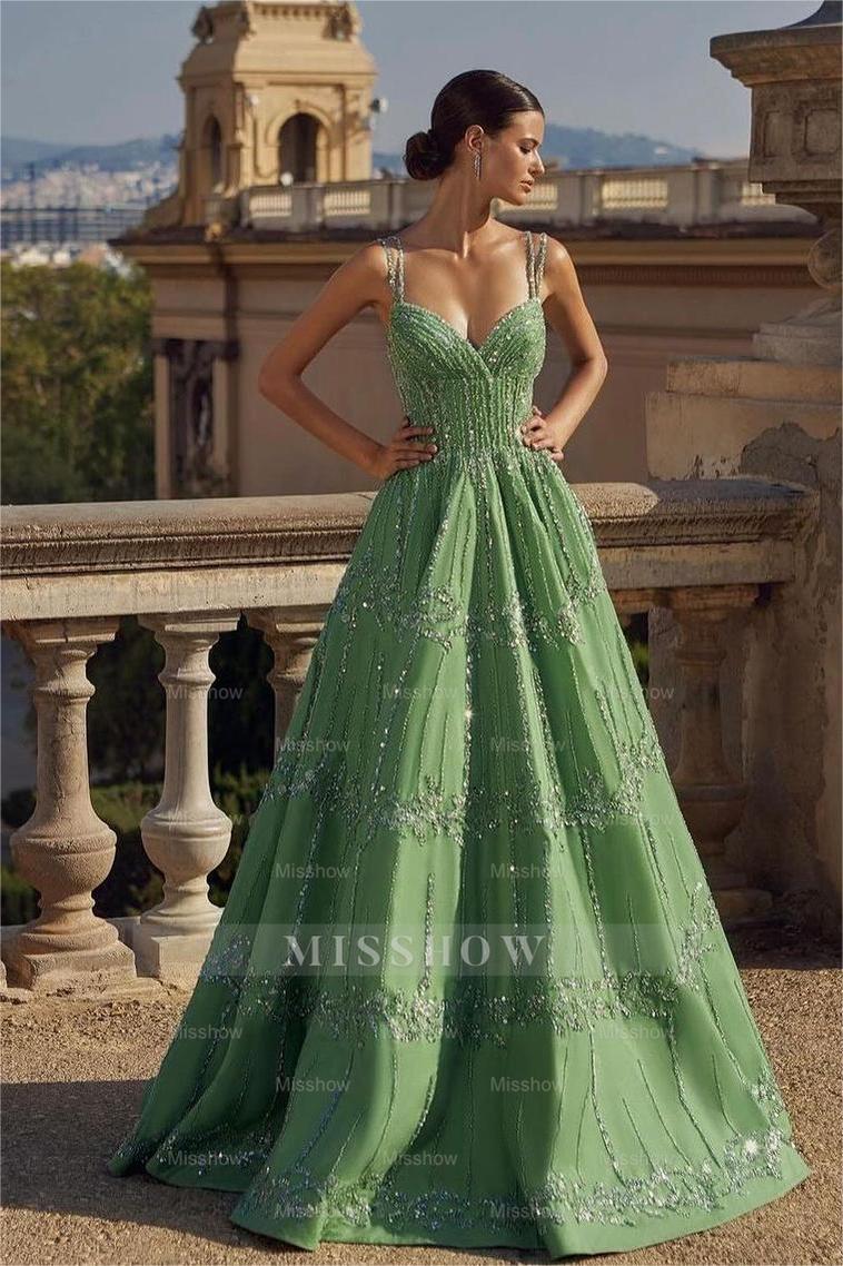 Green Spaghetti Strap V-Neck Sleeveless A-Line Beaded Floor Length Formal Evening Gown