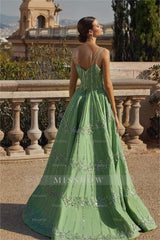 Green Spaghetti Strap V-Neck Sleeveless A-Line Beaded Floor Length Formal Evening Gown