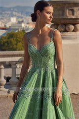 Green Spaghetti Strap V-Neck Sleeveless A-Line Beaded Floor Length Formal Evening Gown