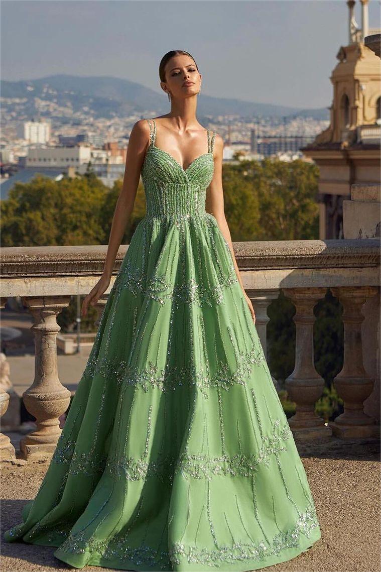 Green Spaghetti Strap V-Neck Sleeveless A-Line Beaded Floor Length Formal Evening Gown