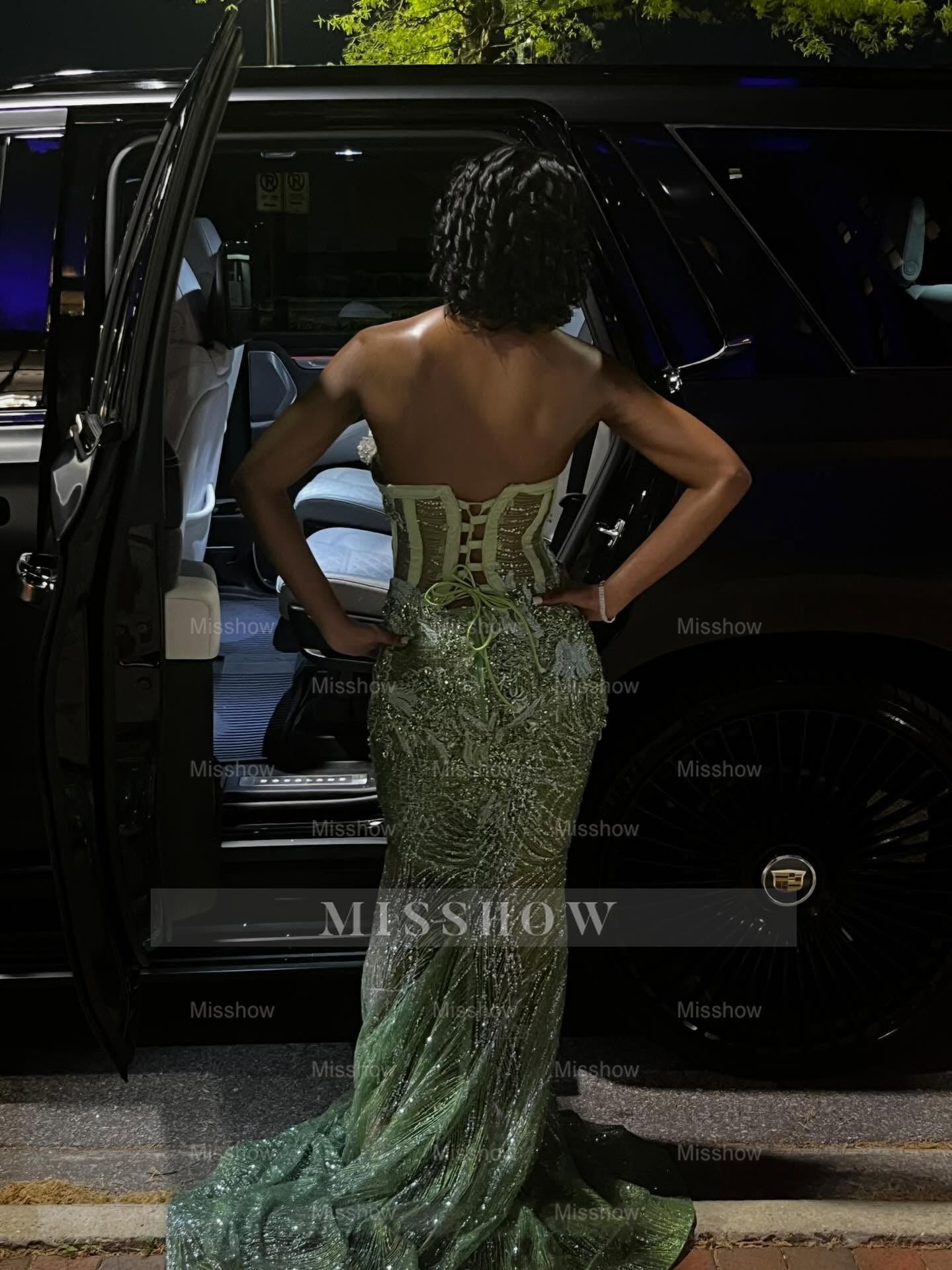 Green Strapless Prom Dress 3D Floral Sheer Mermaid Gown