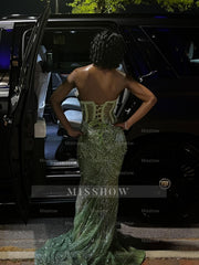 Green Strapless Prom Dress 3D Floral Sheer Mermaid Gown