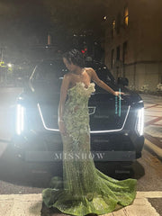 Green Strapless Prom Dress 3D Floral Sheer Mermaid Gown