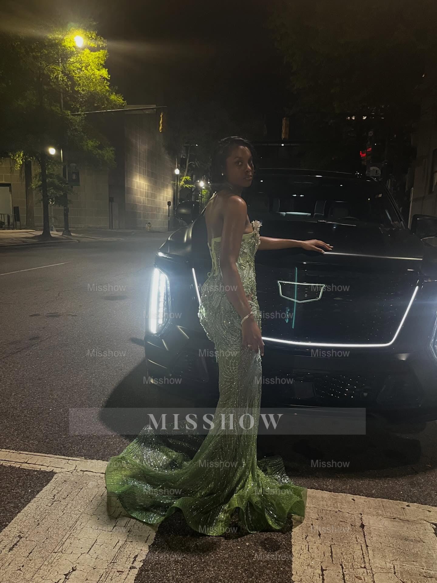 Green Strapless Prom Dress 3D Floral Sheer Mermaid Gown