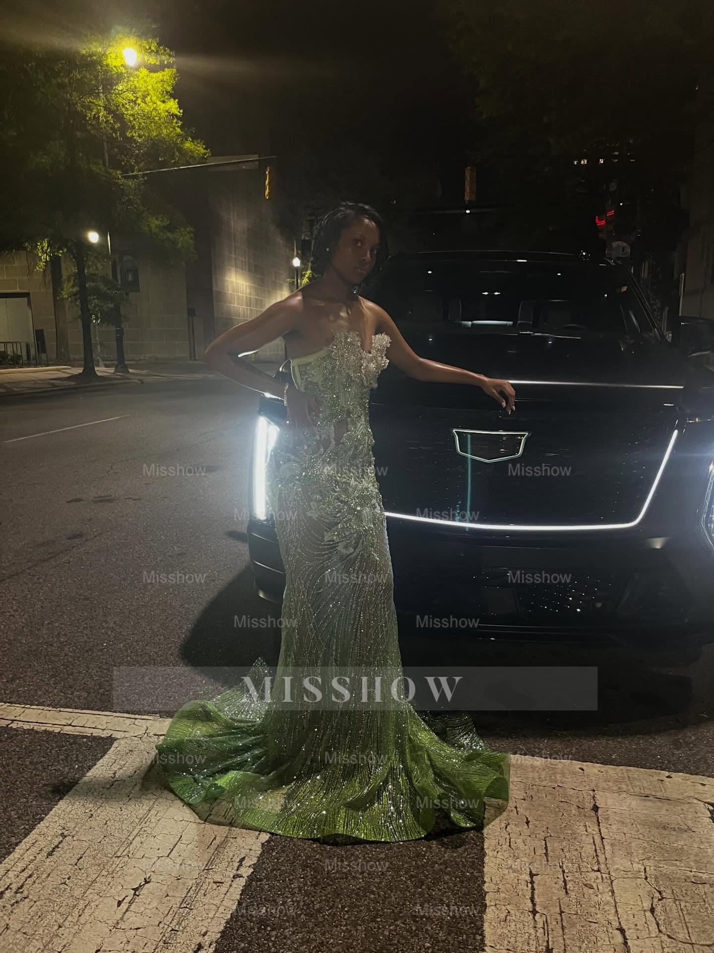 Green Strapless Prom Dress 3D Floral Sheer Mermaid Gown