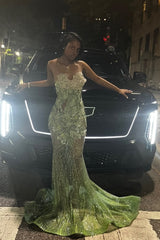Green Strapless Prom Dress 3D Floral Sheer Mermaid Gown