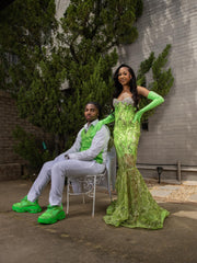 Green Strapless Sequined Prom Dress Sheer Mermaid Gown with Veil