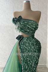 Green Strapless Sleeveless Sequined Beaded High Slit Column Formal Evening Dress