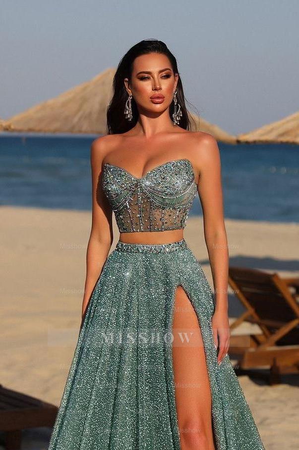 Sage sweetheart beaded two-piece evening dress