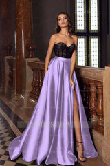 Green Sweetheart Sleeveless Lace Satin A-Line Slit Floor Length Formal Evening Dress