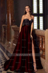 Green Sweetheart Sleeveless Lace Satin A-Line Slit Floor Length Formal Evening Dress