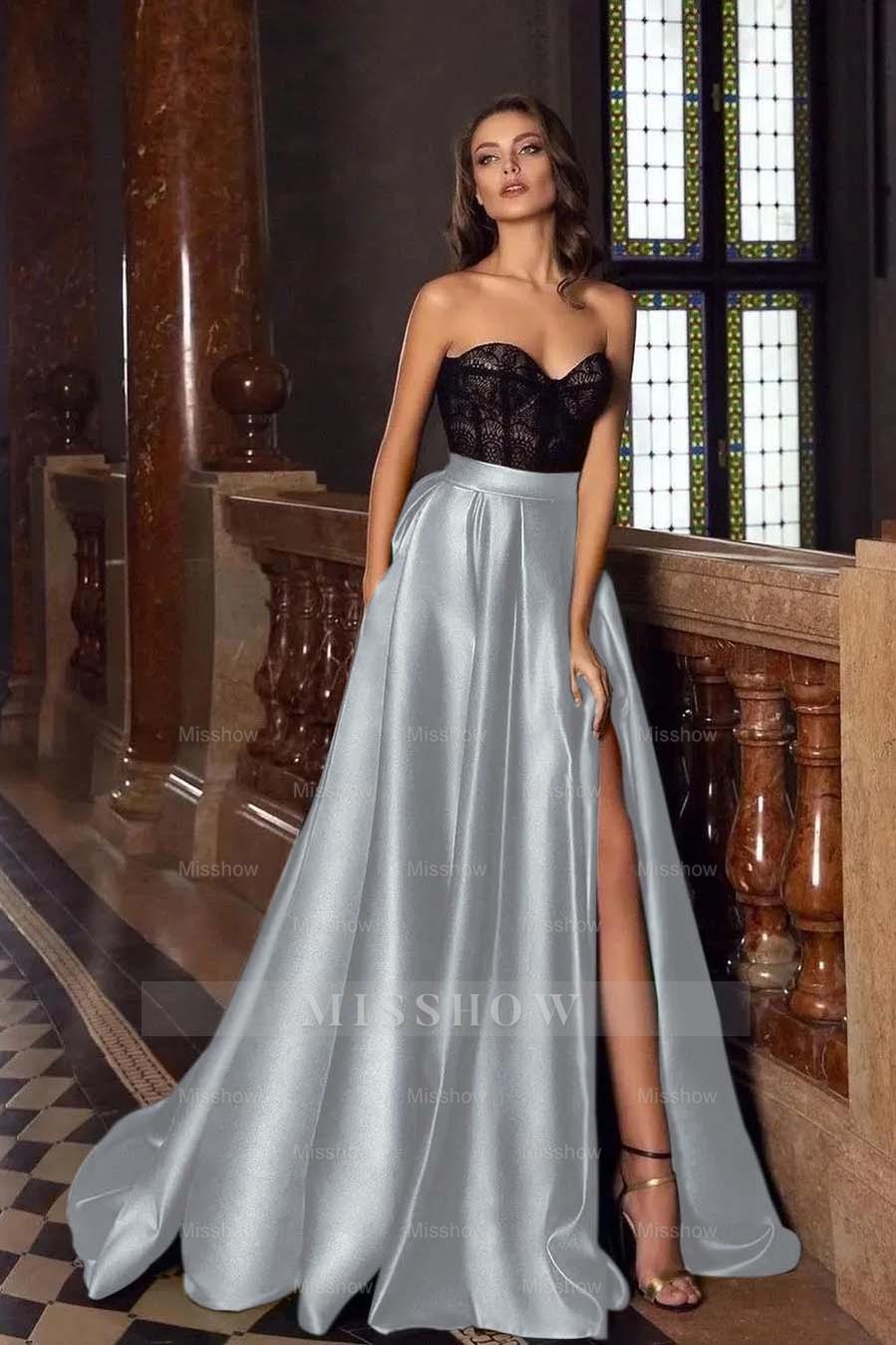 Green Sweetheart Sleeveless Lace Satin A-Line Slit Floor Length Formal Evening Dress